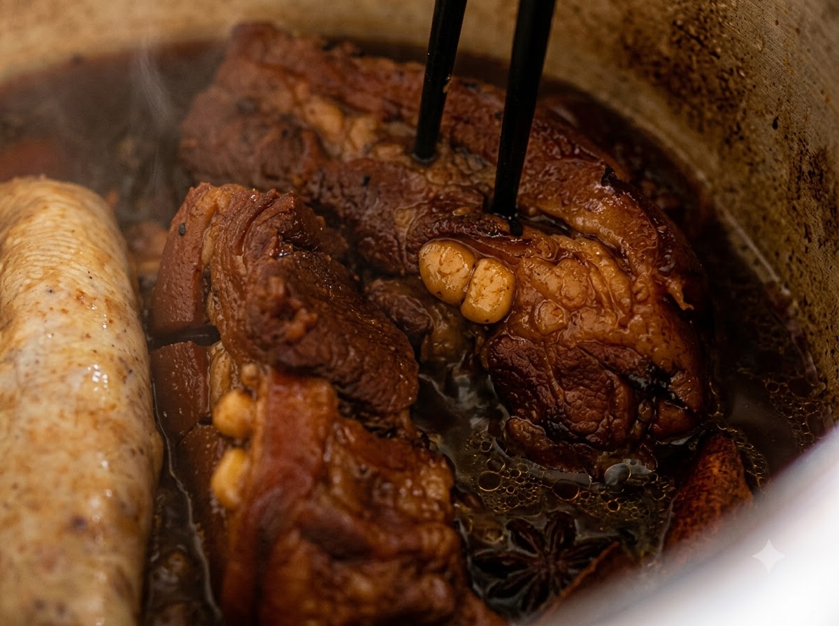 Des baguettes perçant des travers de porc braisés tendres qui mijotent dans une casserole.