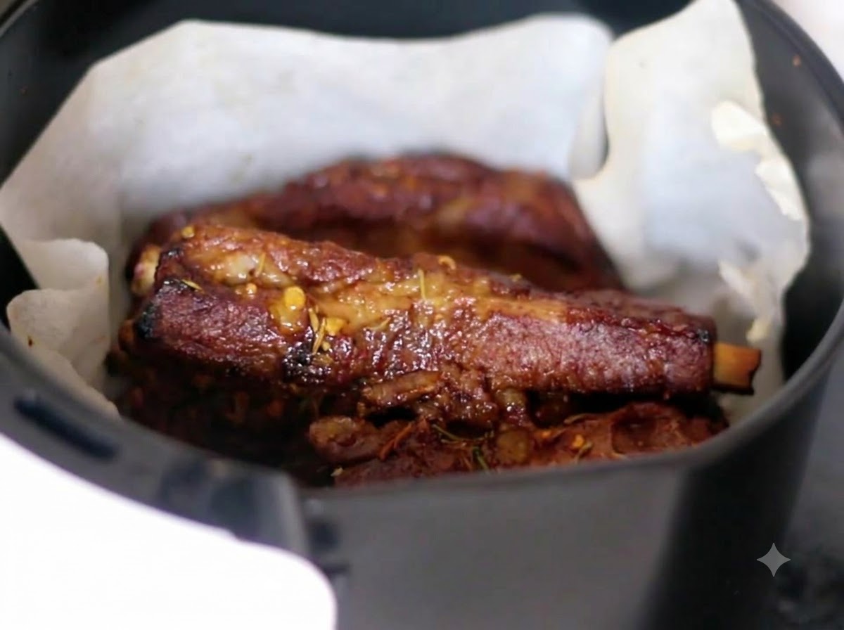 Travers de porc à lintérieur du panier dune friteuse retournés à laide de baguettes.