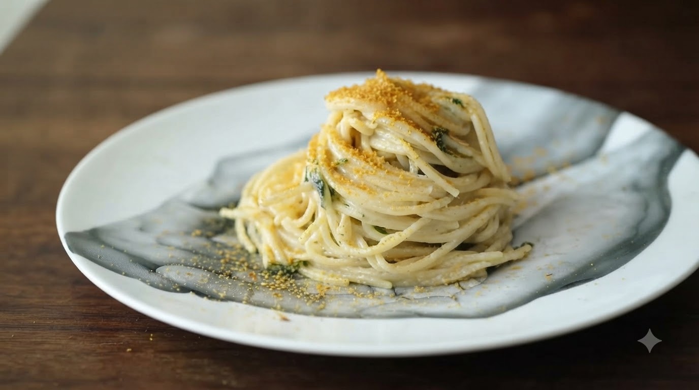 Spaghetti crémeux à la poutargue, algues et sésame
