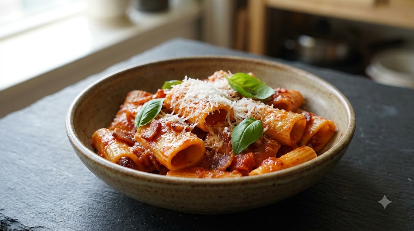 Rigatoni Ail, Tomates et Bacon Faciles
