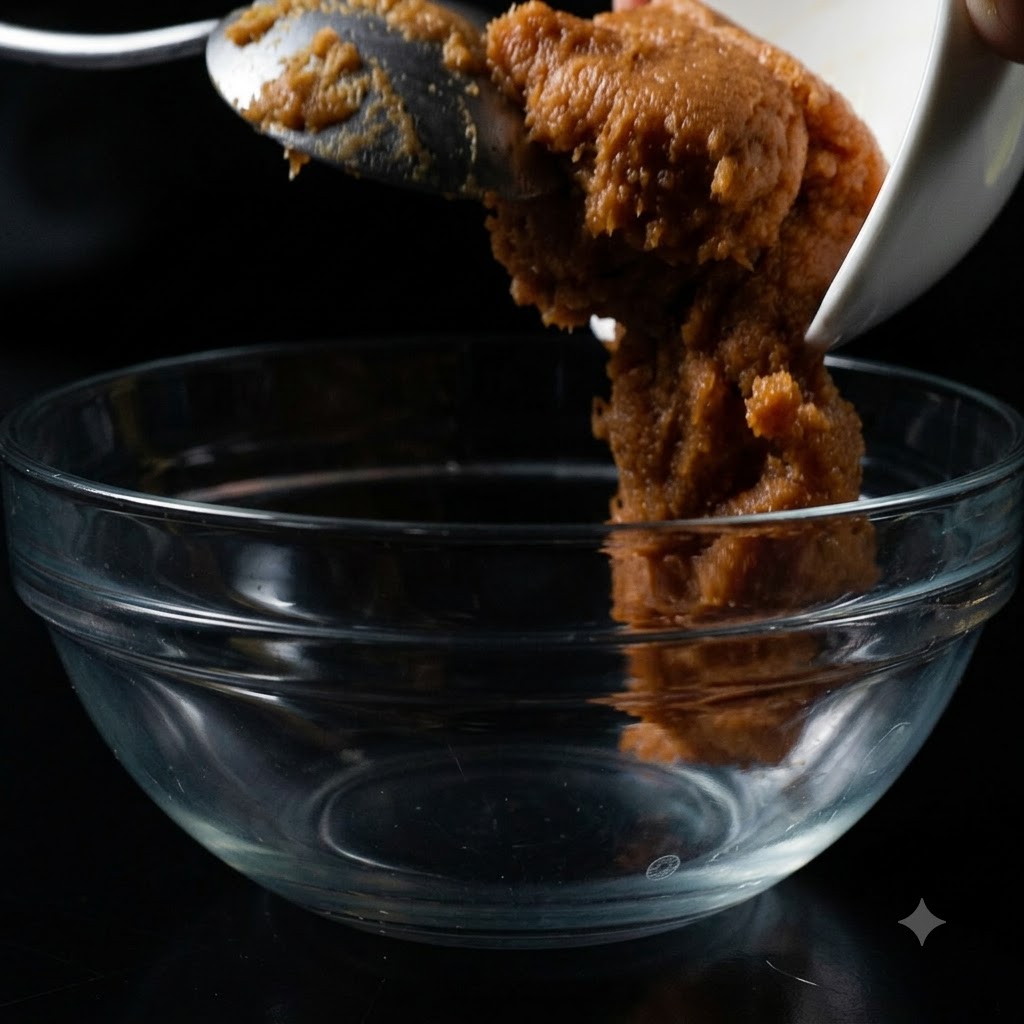 Un bol blanc et une cuillère versant de la pâte de miso blanc dans un bol en verre transparent.