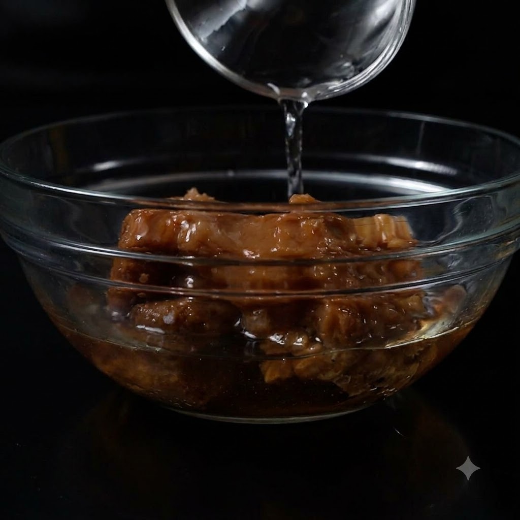 Un bol en verre contenant la pâte de miso et les ingrédients liquides mélangés à laide dune cuillère.