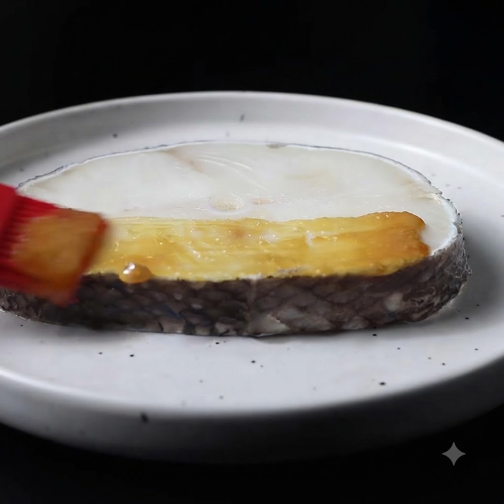 Un pinceau en silicone rouge étalant une couche de sauce miso dorée sur un morceau de cabillaud cru.