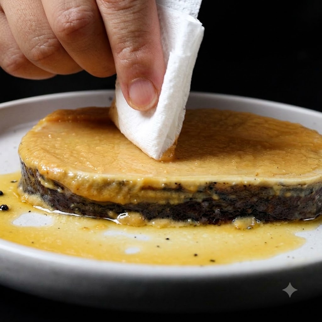 Un morceau de papier absorbant essuyant lexcès de pâte de miso sur le dessus dun filet de poisson mariné.