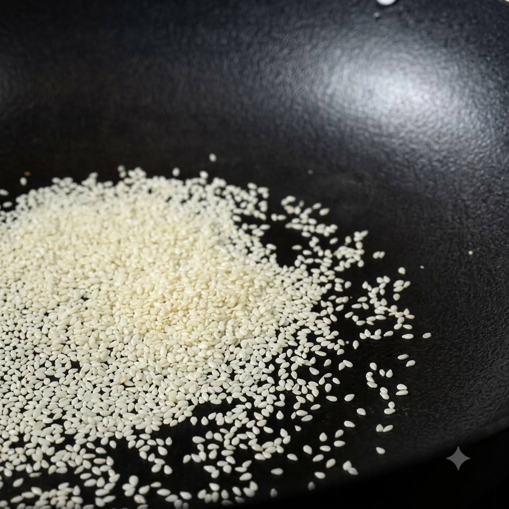 Des graines de sésame blanc en train de torréfier dans un wok noir, dégageant un parfum agréable.