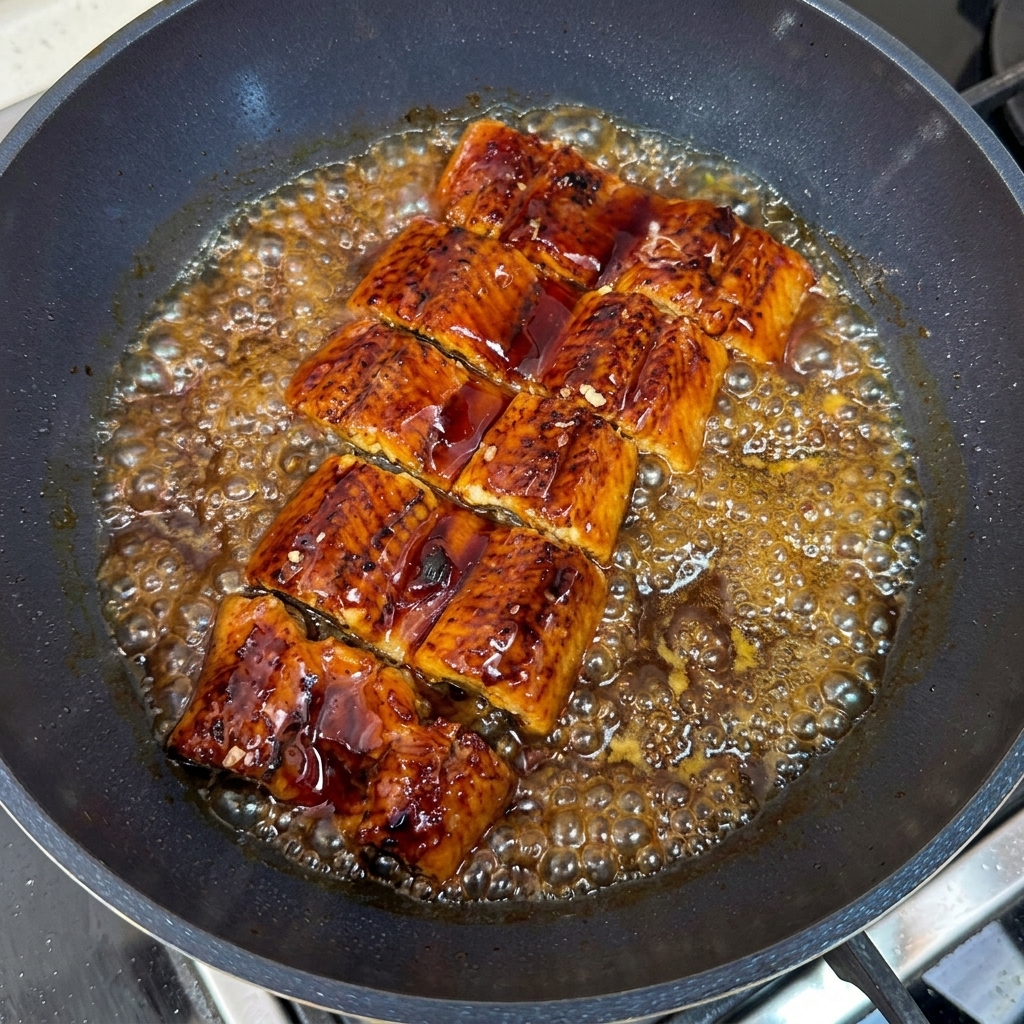 Tranches danguille chauffées disposées sur un bol dœufs et de riz avec une sauce savoureuse versée par-dessus.