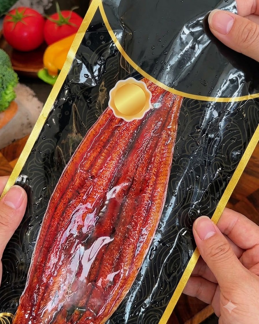 Paquet danguille kabayaki en cours douverture et coupée avec des ciseaux de cuisine sur une planche à découper.