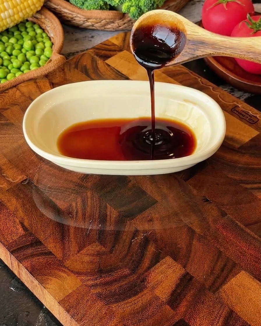 Sauce soja claire, sauce soja foncée et sauce huître versées et mélangées dans un petit plat blanc avec de leau.