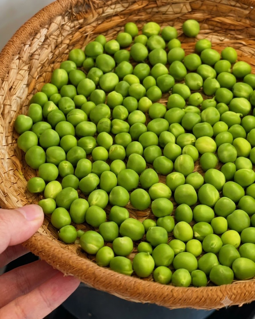 Petits pois dans une passoire métallique en train dêtre blanchis dans de leau bouillante.