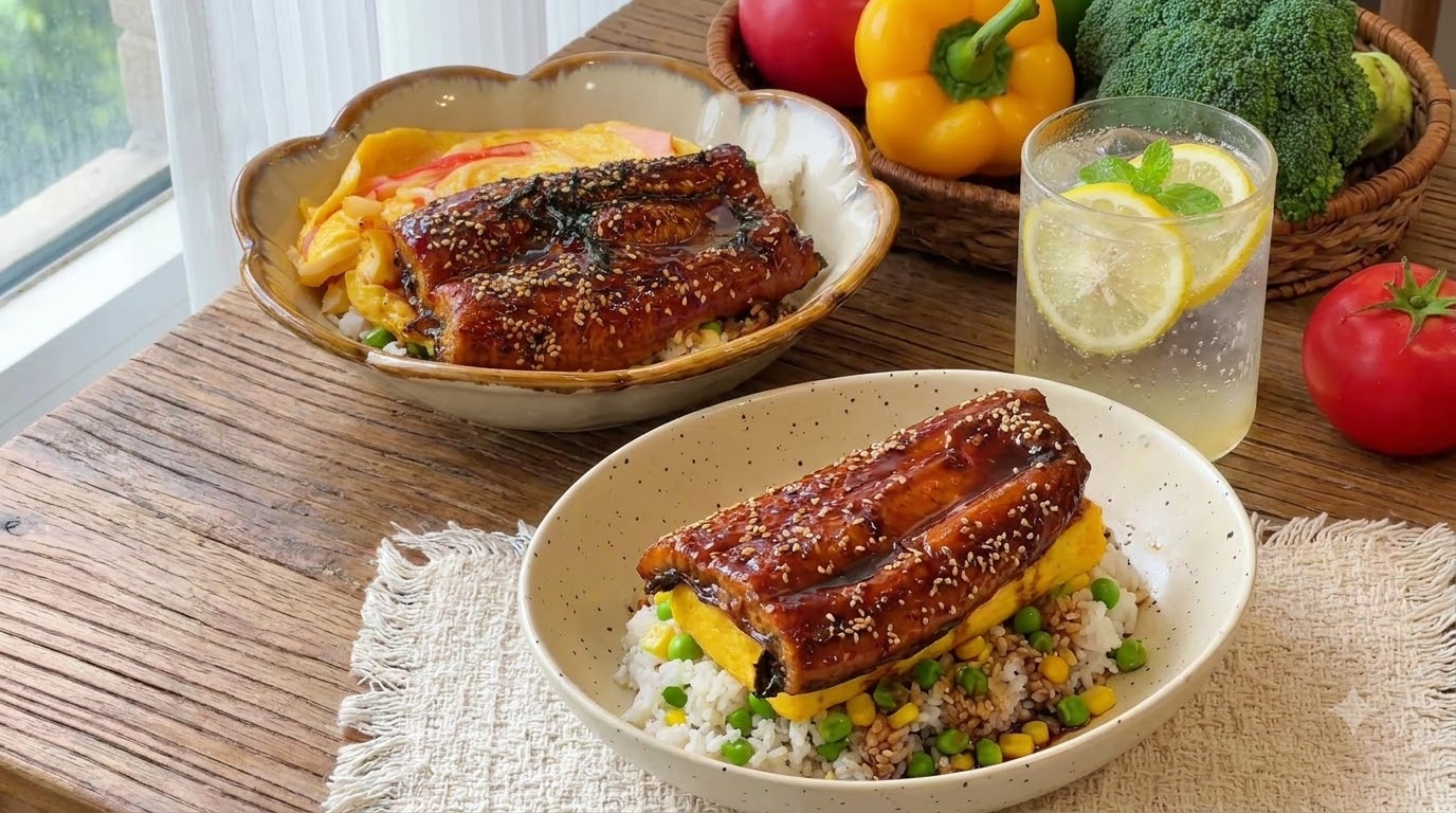 Bol de Riz au Tamagoyaki et Anguille Kabayaki avec Maïs et Petits Pois