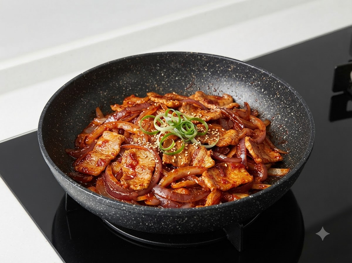 Des morceaux de courgette verte hachée mélangés et sautés avec le mélange de kimchi et de porc.