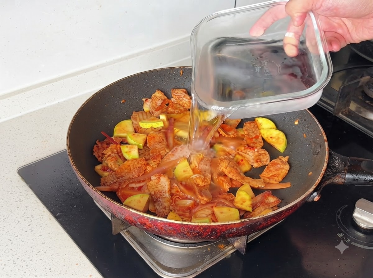 De leau versée dun récipient en verre dans la poêle contenant le porc et les légumes sautés.