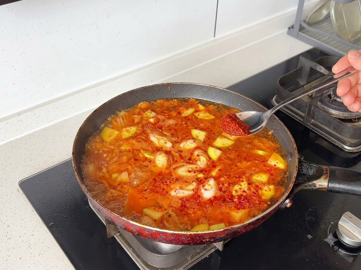 Une cuillère de pâte de piment ajoutée à la soupe rouge simulant et remplie de morceaux de légumes.