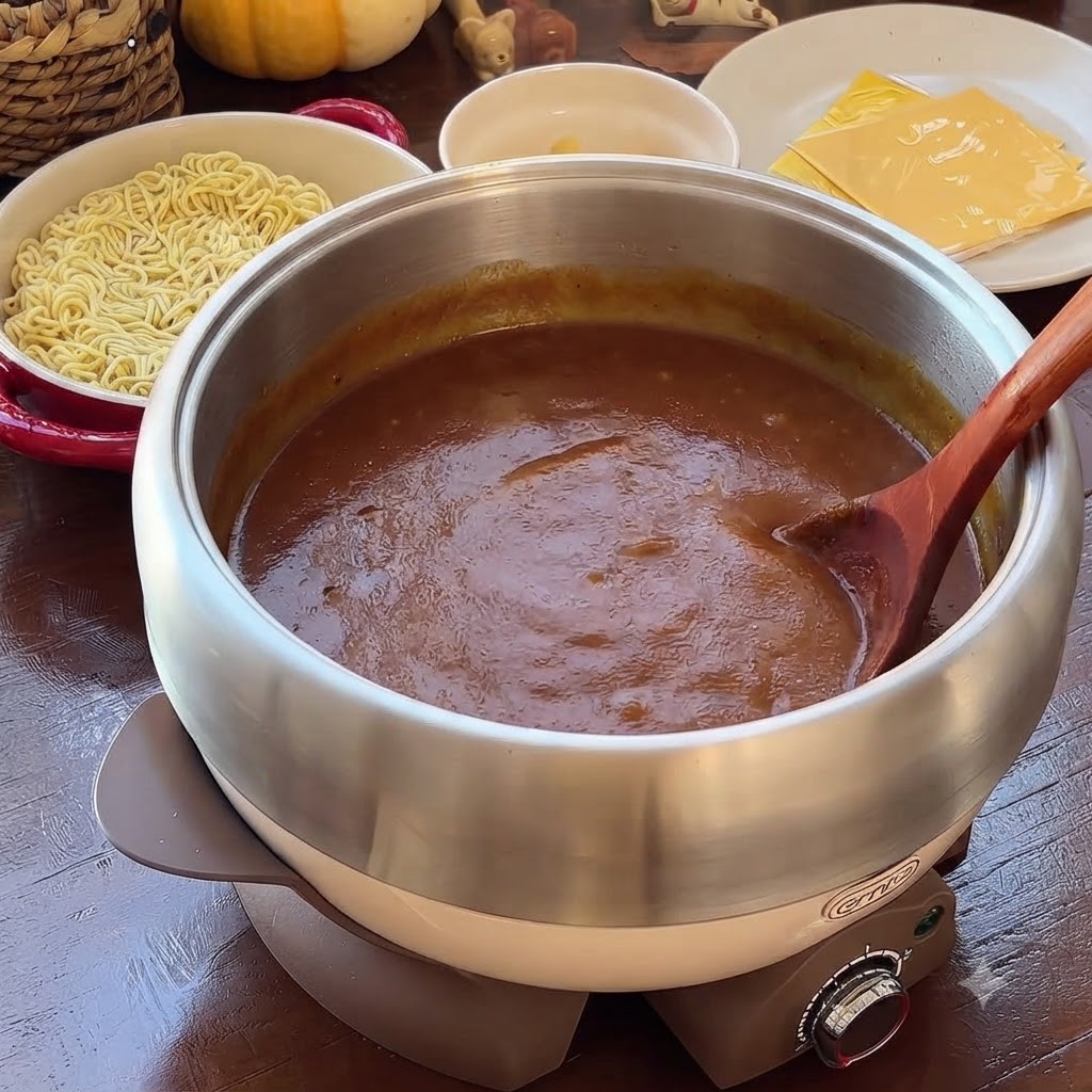 Une soupe de curry et de tomate brune et lisse remuée avec une cuillère en bois dans une casserole.