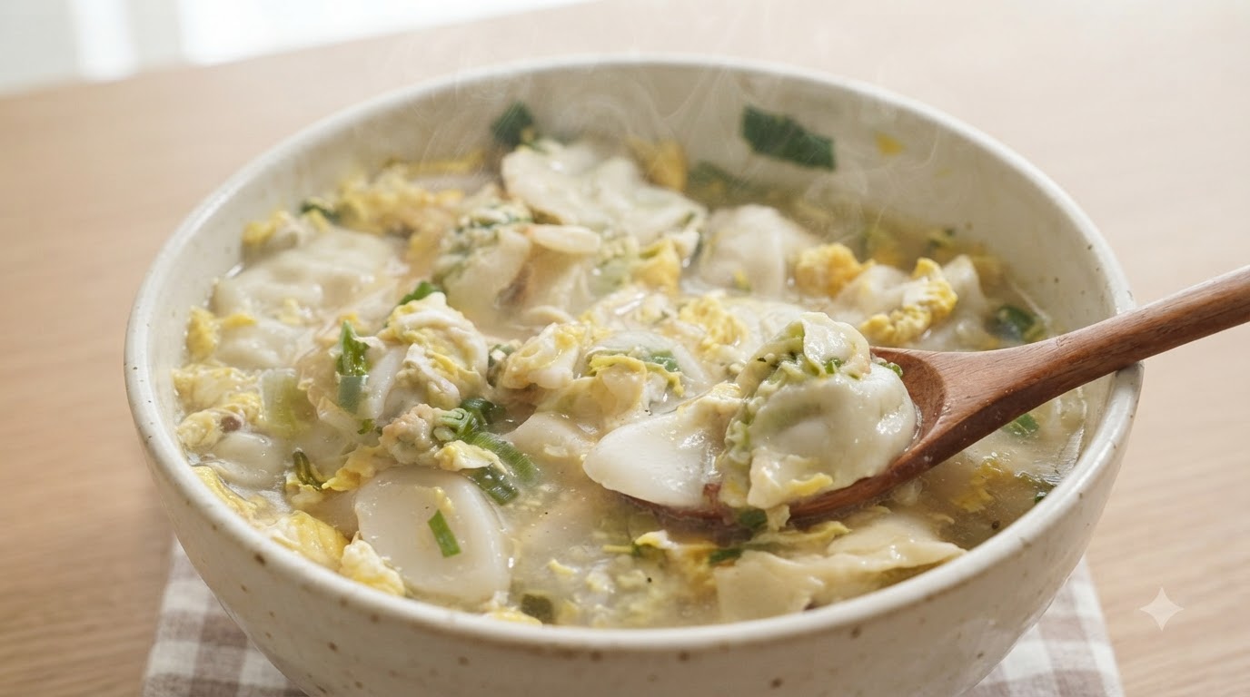 Soupe coréenne rapide aux gâteaux de riz et raviolis (Tteok-mandu-guk)