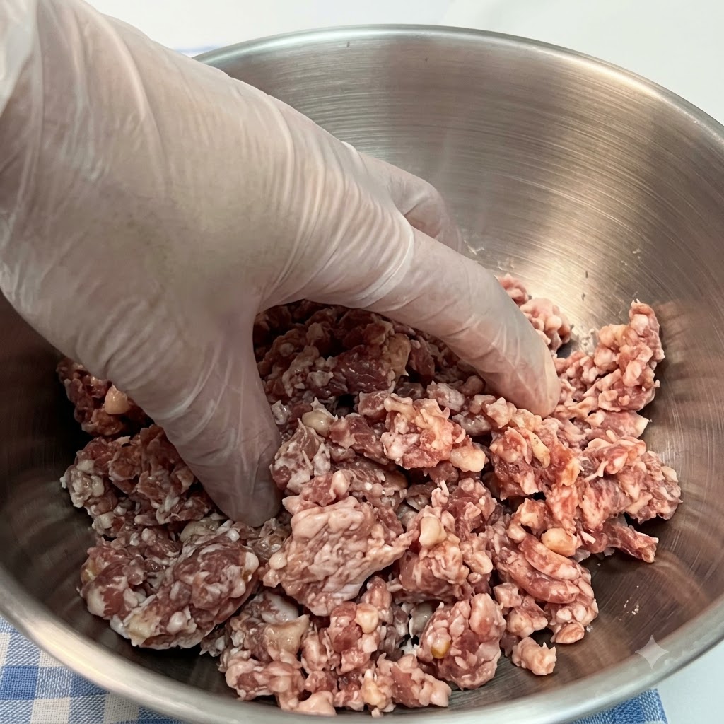 Des mains gantées manipulant du bœuf haché à lintérieur dun bol mélangeur en acier inoxydable.