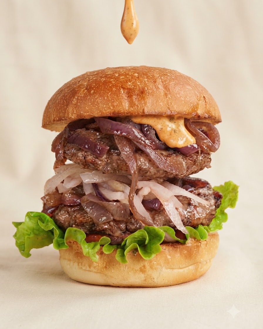 De la sauce pour burger savoureuse versée par le dessus directement sur le pain supérieur dun burger monté.