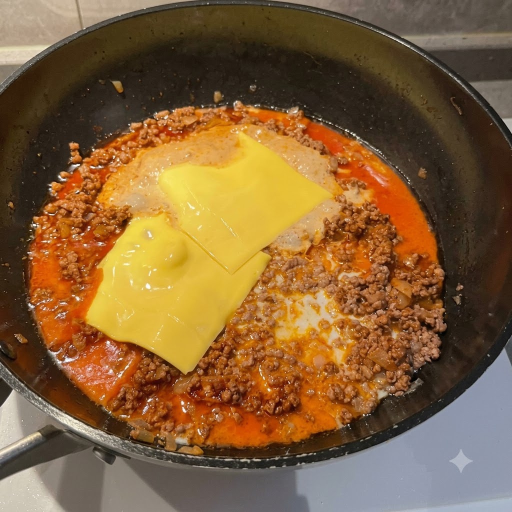 Deux tranches de fromage jaunes posées sur une sauce à la viande mijotant dans une poêle.