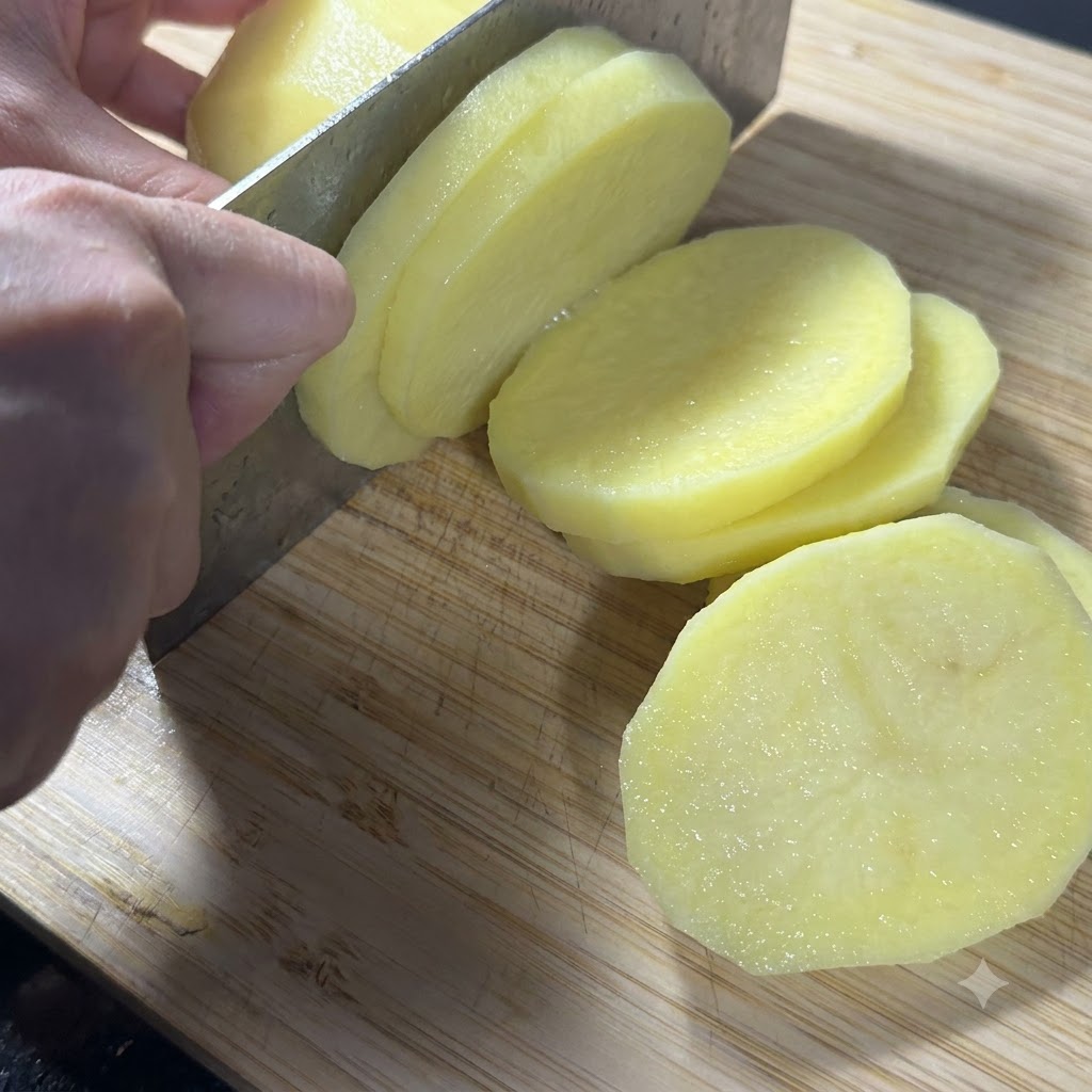 Pommes de terre coupées en bâtonnets réguliers et épais avec un couteau sur une planche en bois.