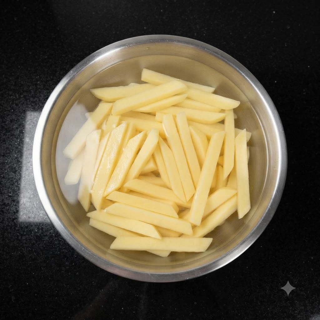 Bâtonnets de pommes de terre trempant et étant rincés dans un bol en acier rempli deau.