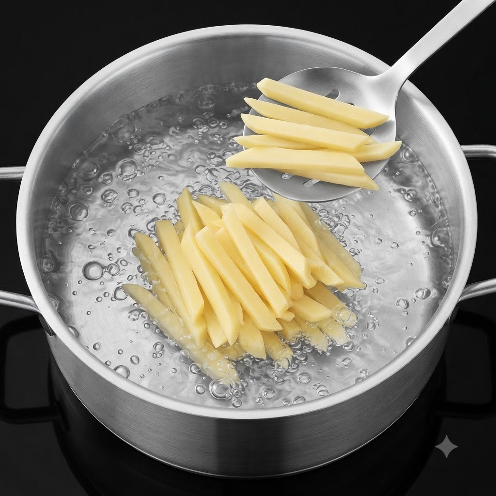 Bâtonnets de pommes de terre en train de bouillir dans une casserole en métal sur une cuisinière.