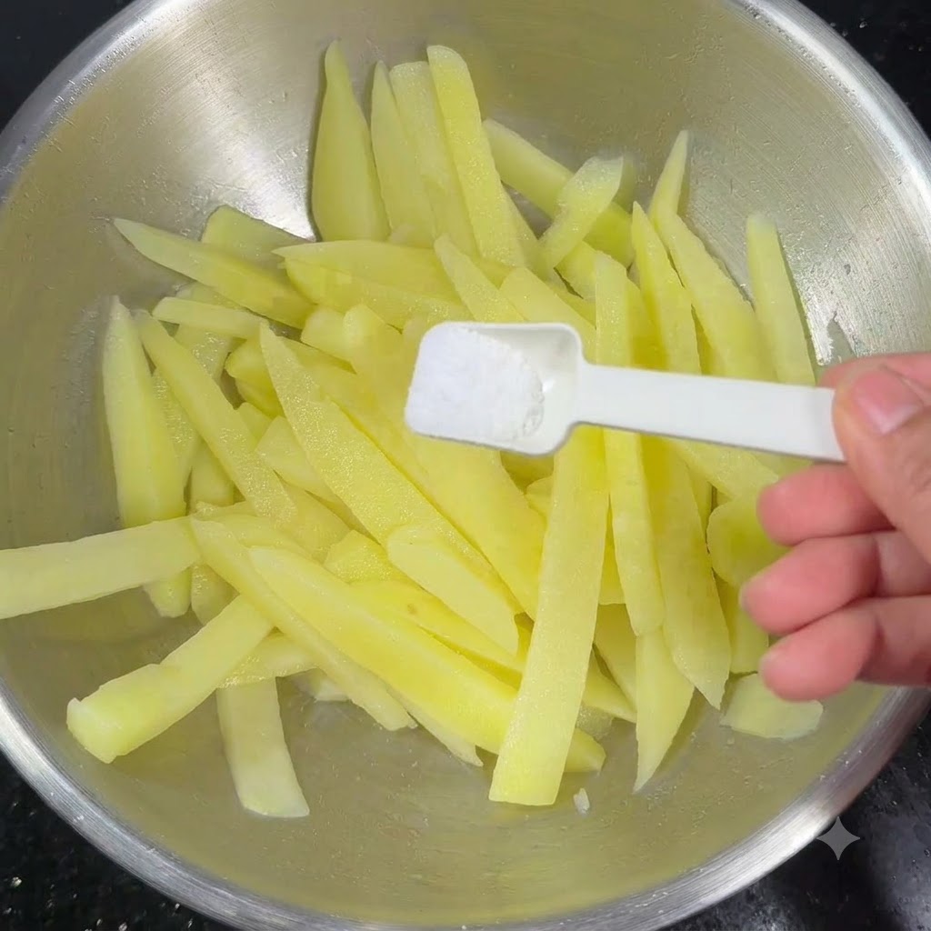 Bâtonnets de pommes de terre bouillis assaisonnés avec une cuillerée de sel dans un bol en acier inoxydable.