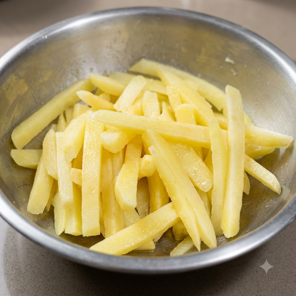 Bâtonnets de pommes de terre assaisonnés disposés à lintérieur du bac dune friteuse sans huile.