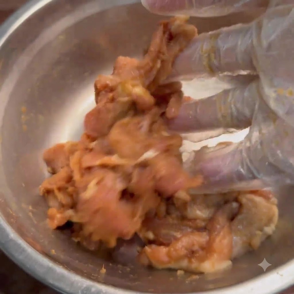 Huile versée sur les tranches de porc enrobées dans un bol en métal.