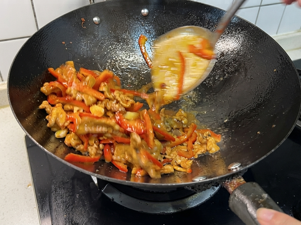 Mélange de porc sauté et de poivrons doux remué dans le wok avec une spatule à mesure que lhumidité diminue.