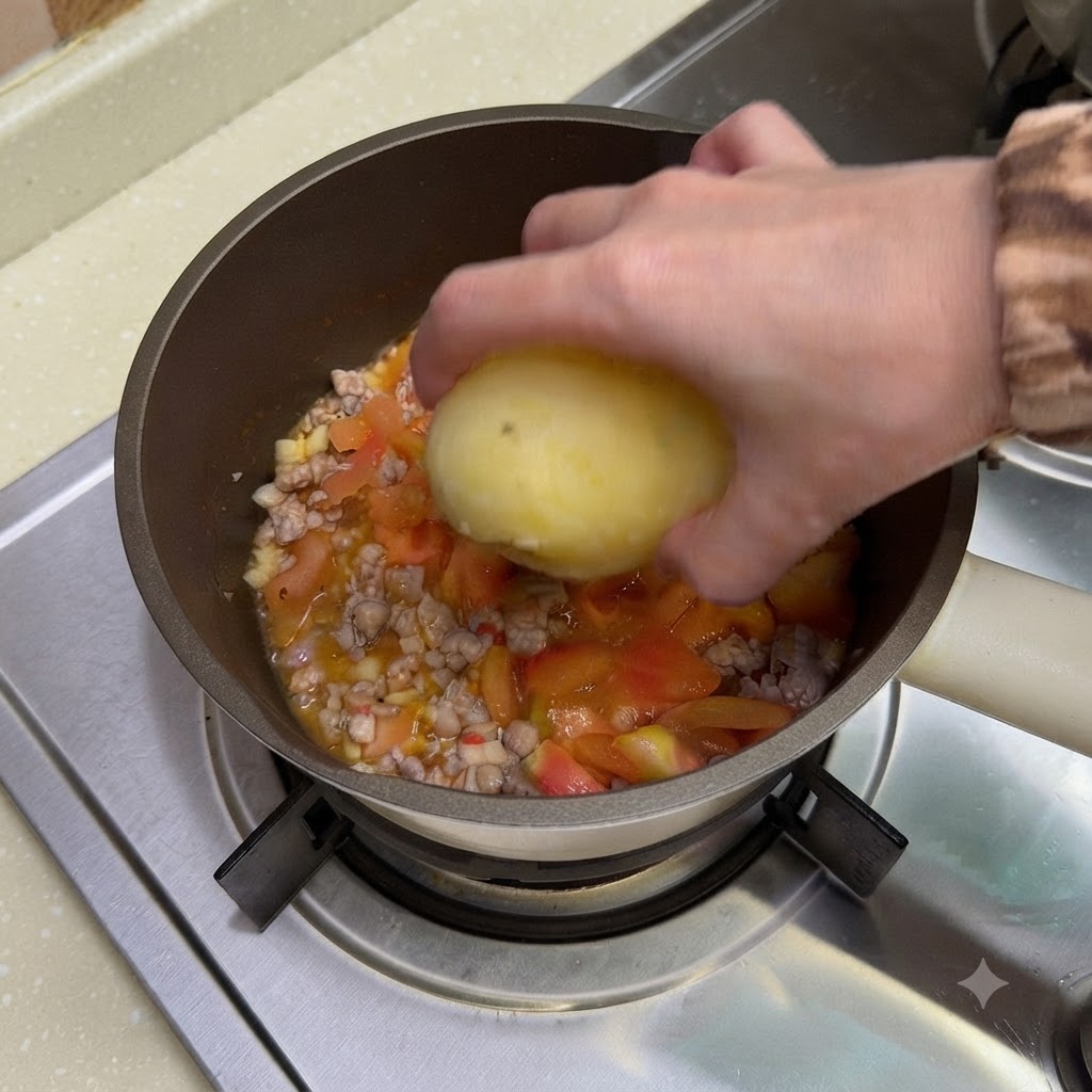 Une pomme de terre cuite à la vapeur et épluchée en train dêtre déposée dans la casserole.