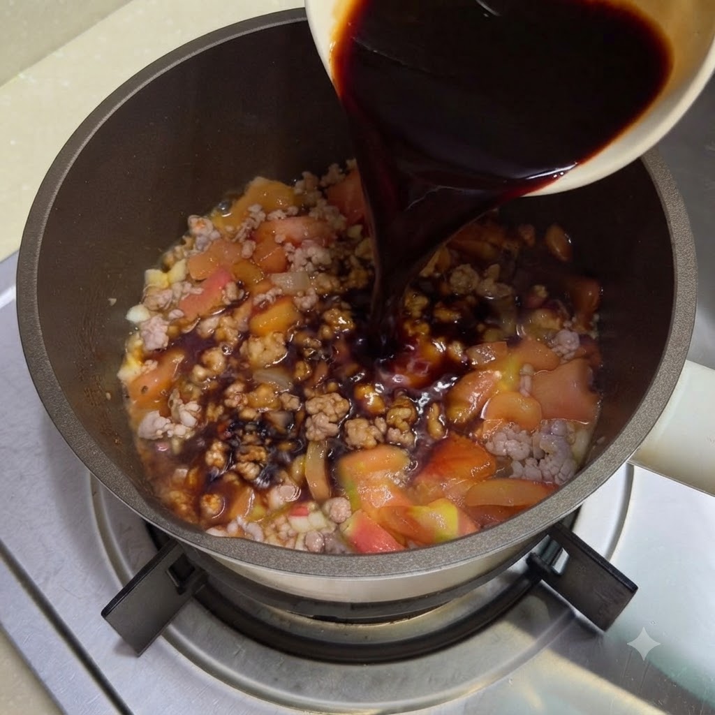 Un mélange de sauce foncée versé depuis un bol dans la casserole.