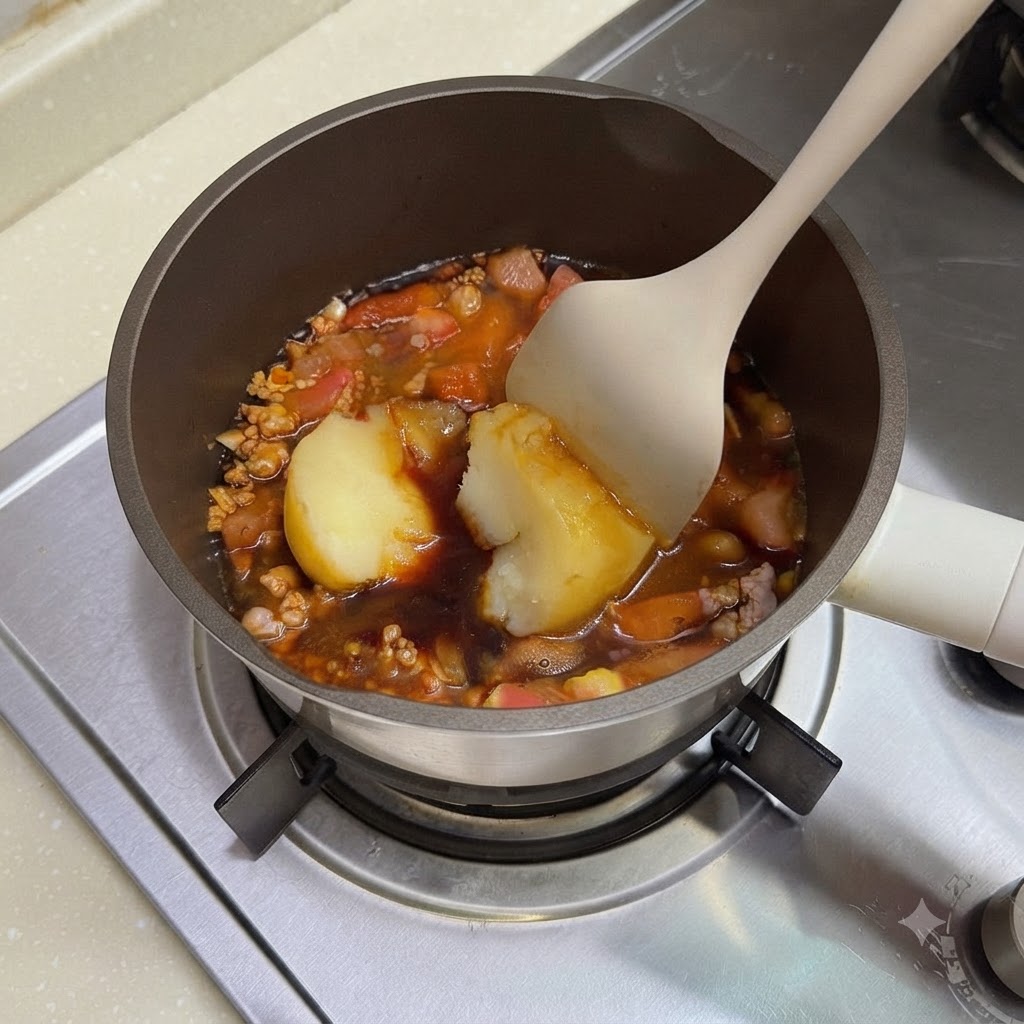 Une spatule écrasant des morceaux de pomme de terre cuite à la vapeur dans la sauce frémissante.