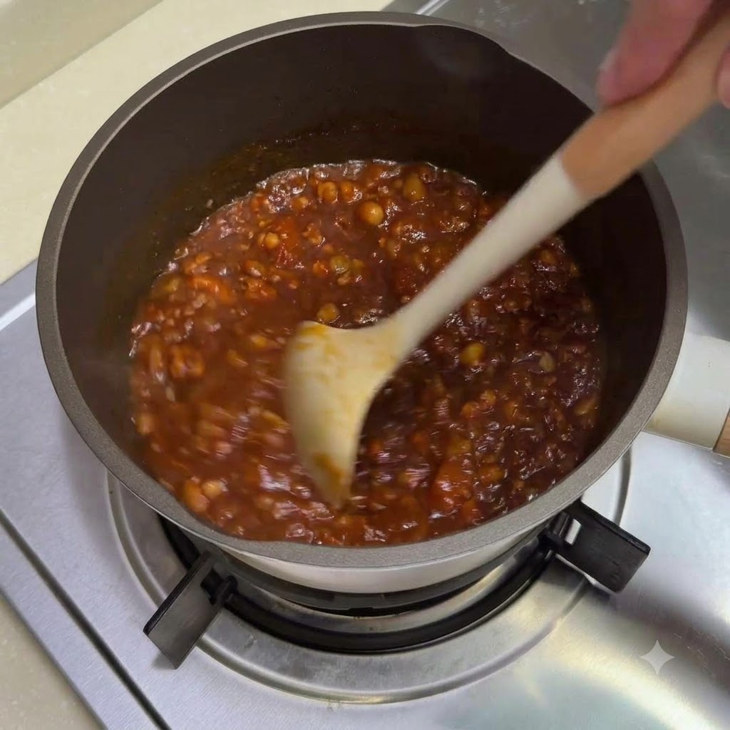 Vue rapprochée dune sauce épaisse à la viande et à la tomate mijotant dans une casserole sur un feu, remuée avec une spatule blanche.