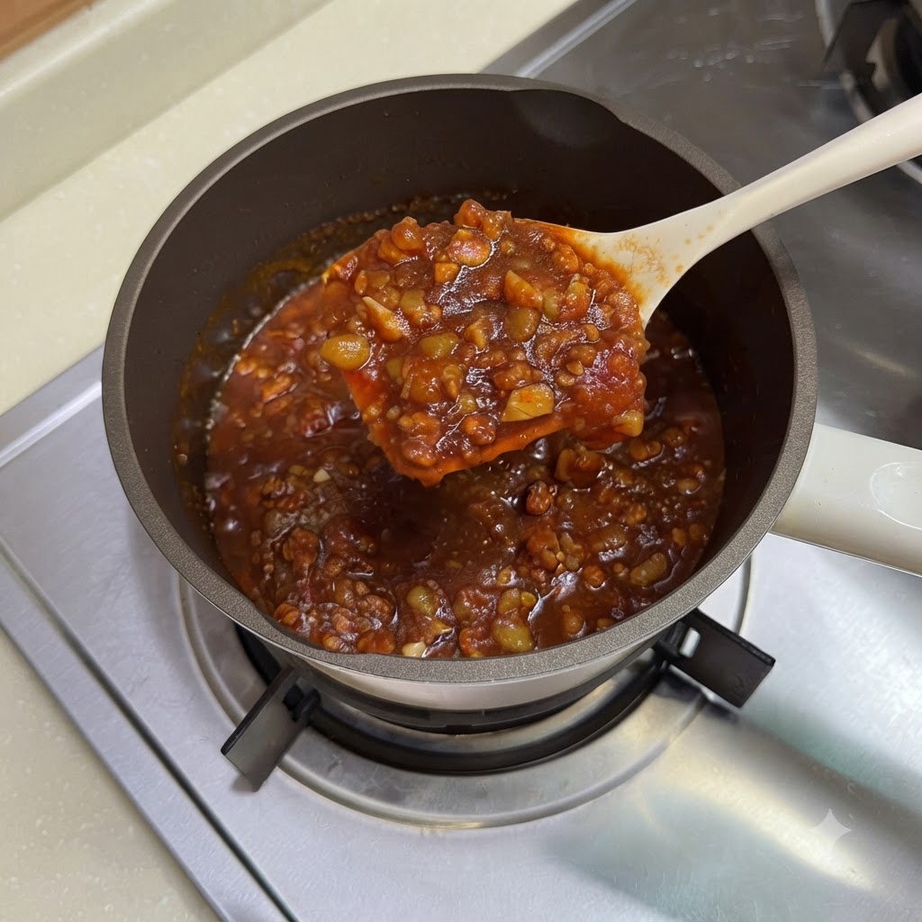 Des nouilles cuites versées dune passoire blanche dans une casserole remplie dune riche sauce à la viande.