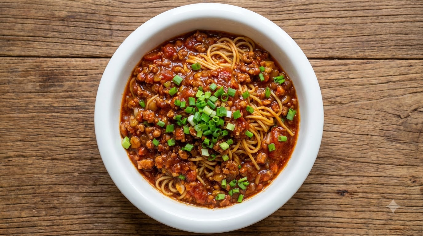 Nouilles à la Sauce Tomate, Pomme de Terre et Viande Hachée
