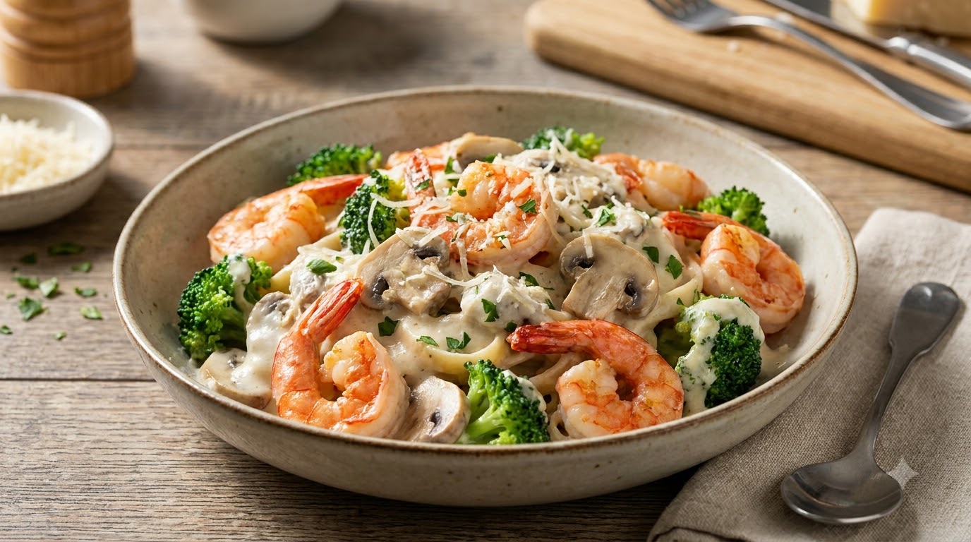 Pâtes Crémeuses aux Crevettes et Champignons
