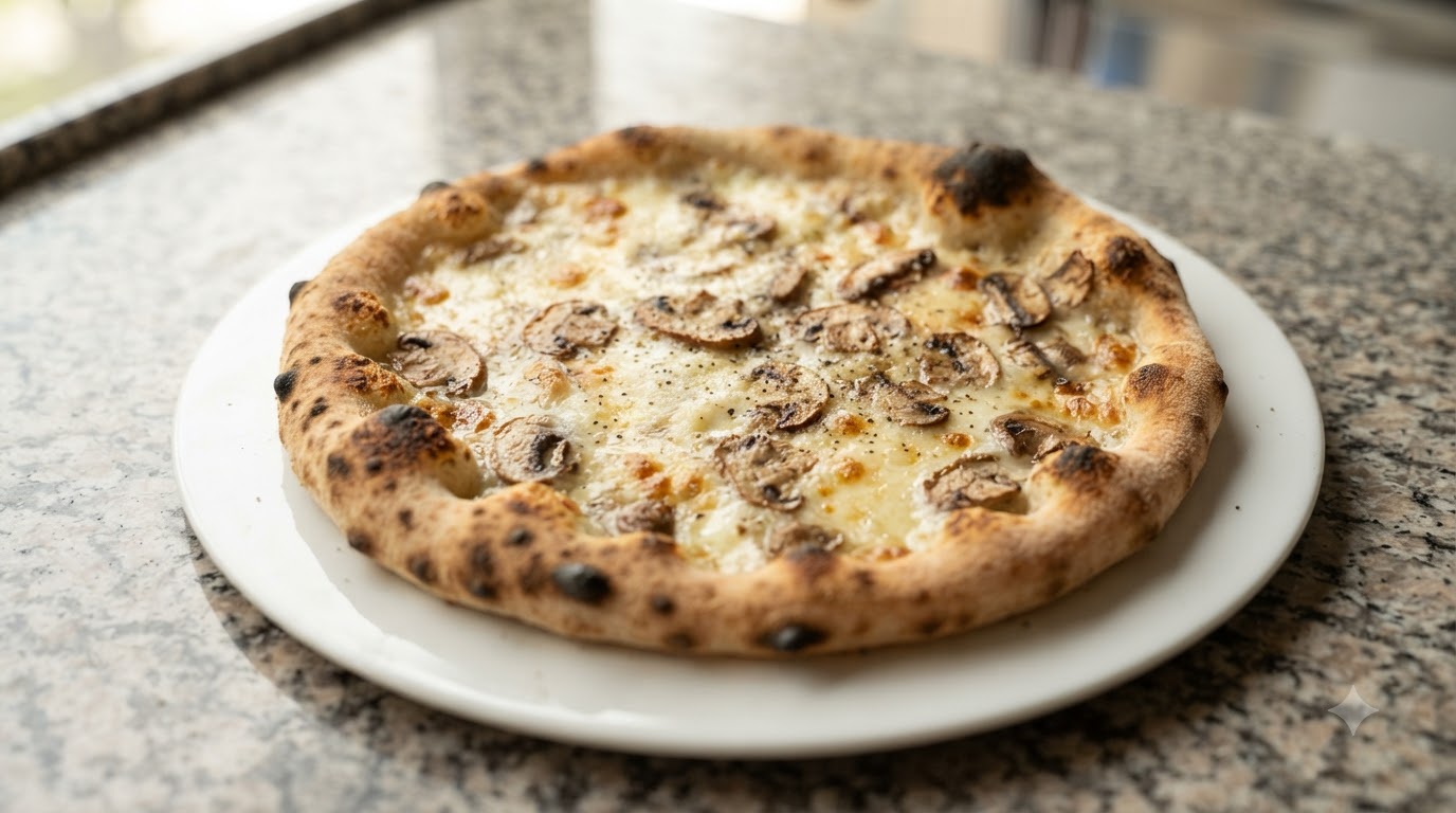 Pizza au Comté et aux champignons avec une pâte aux drêches de bière