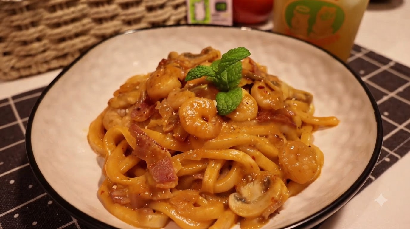 Nouilles Udon Crémeuses et Épicées au Crevettes et Bacon