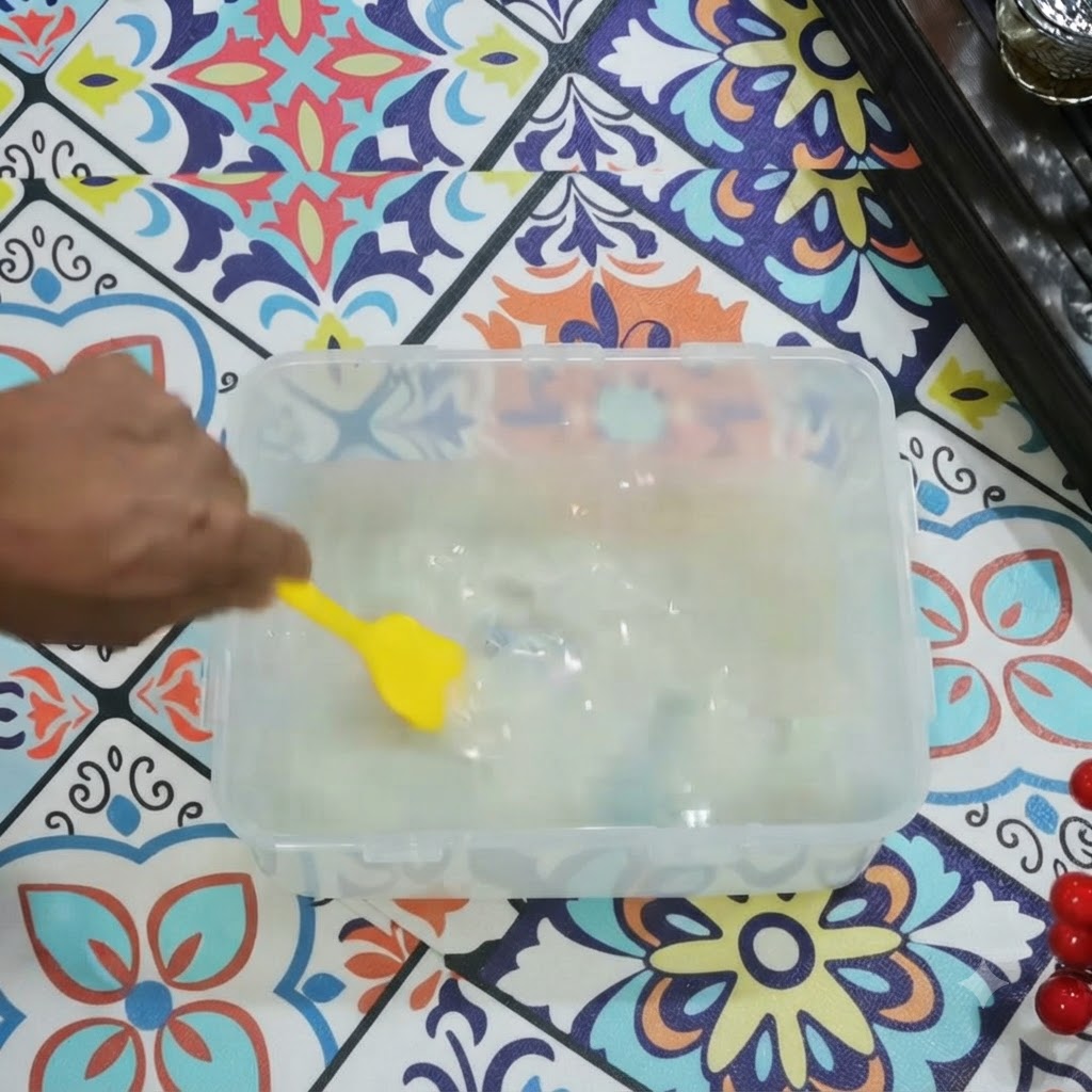 De la farine riche en gluten incorporée dans de leau à lintérieur dun récipient transparent à laide dune spatule jaune.