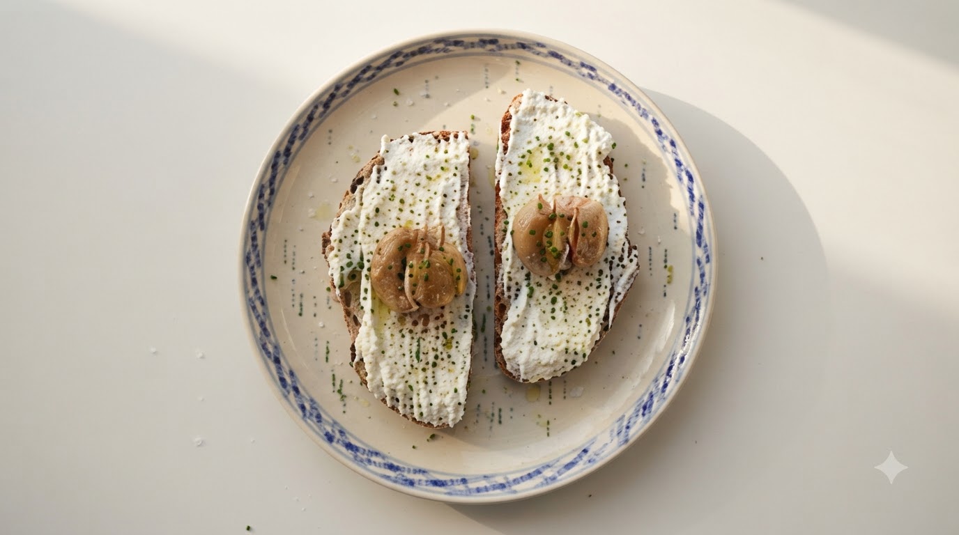 Ail confit et ricotta fouettée sur pain au levain