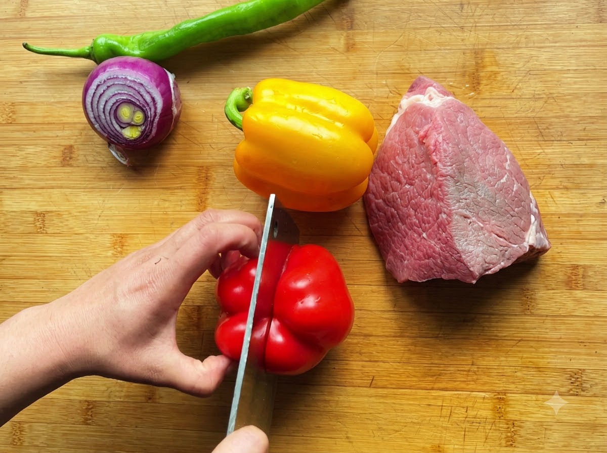 Une main utilisant un hachoir pour trancher un poivron rouge sur une planche en bois à côté dautres légumes colorés.