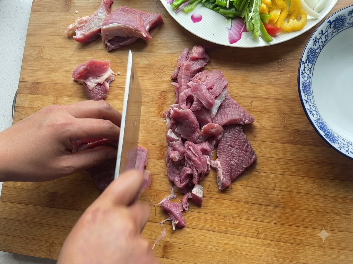 Du bœuf frais en cours de découpe en petits morceaux sur une planche à découper en bois avec une assiette de légumes tranchés en arrière-plan.