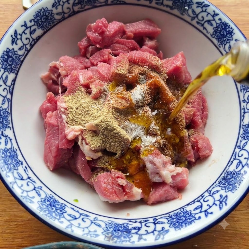 De lhuile versée dune bouteille sur des morceaux de bœuf cru épicés dans un bol.