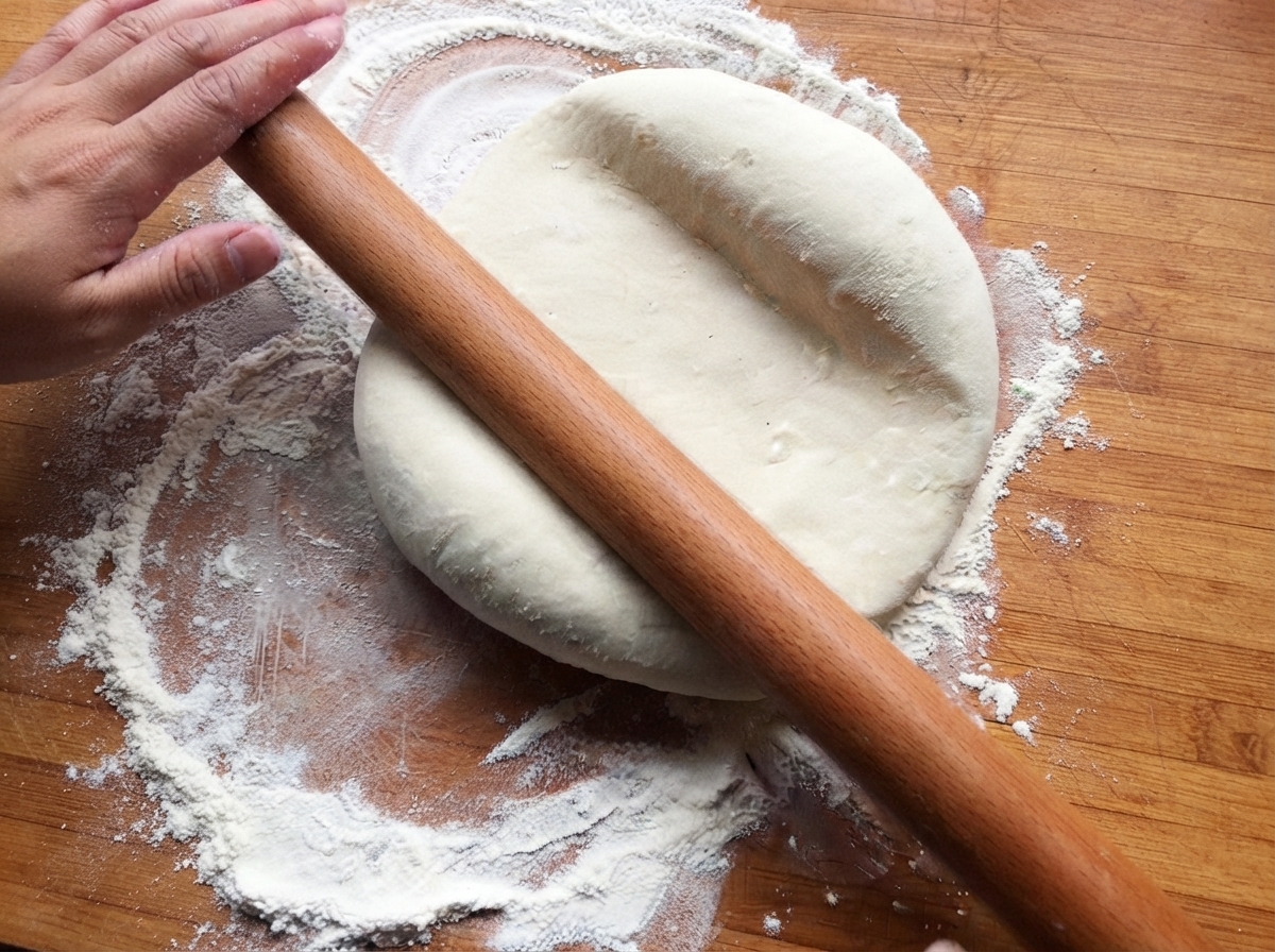 Une main étalant une boule de pâte sur une planche en bois farinée avec un rouleau à pâtisserie.