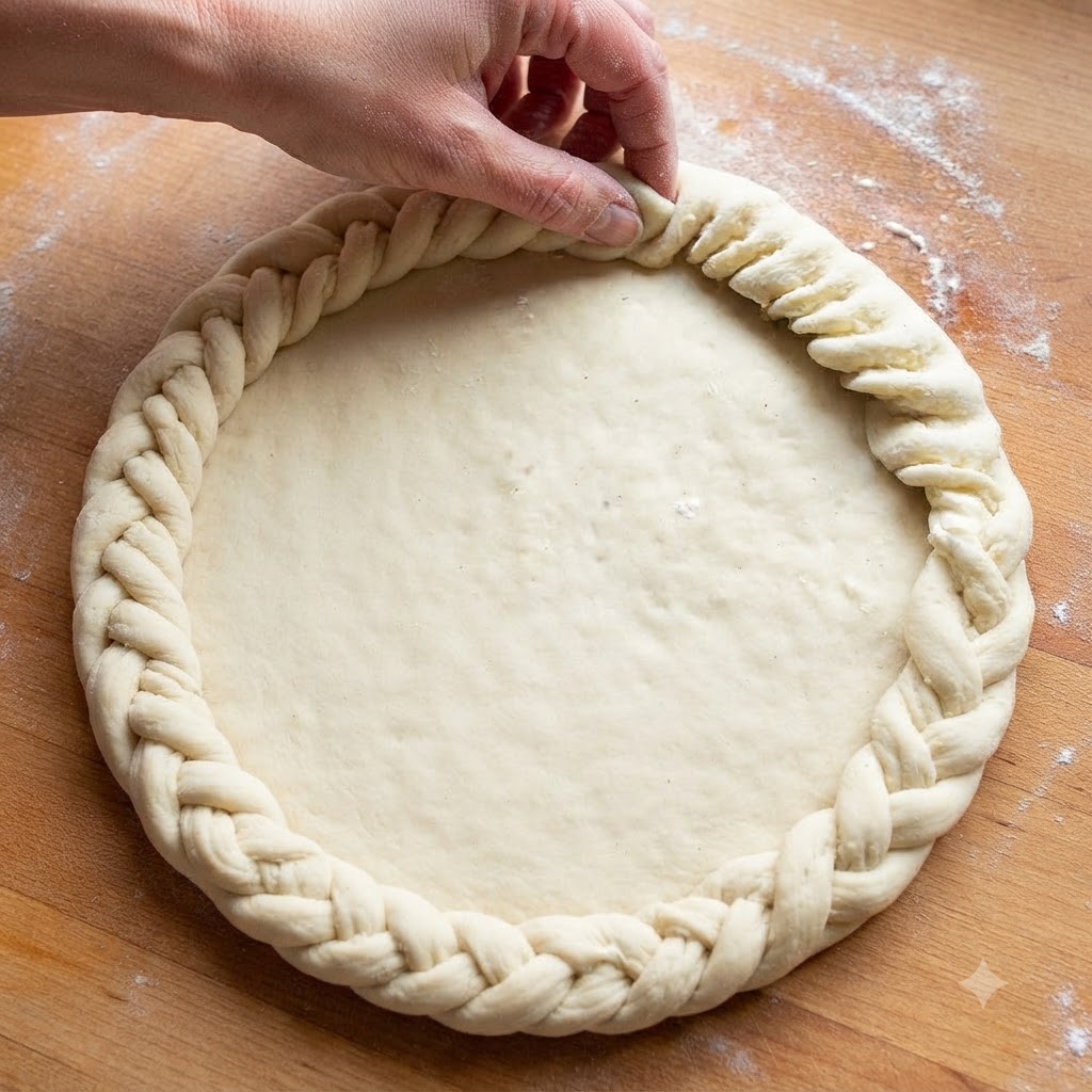 Les bords de la croûte de pâte étalée pliés et tordus de manière décorative pour créer une bordure de croûte à motifs.