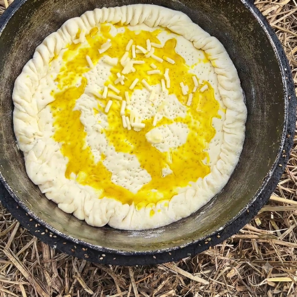 Du fromage râpé saupoudré uniformément sur une croûte de pâte huilée dans un plat de cuisson sombre.