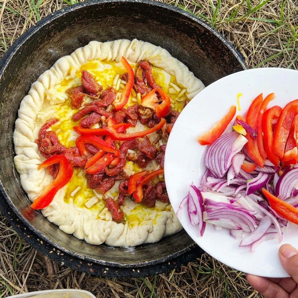 Des oignons rouges, des poivrons et des piments verts éparpillés sur la viande et le fromage à lintérieur de la croûte de pizza.