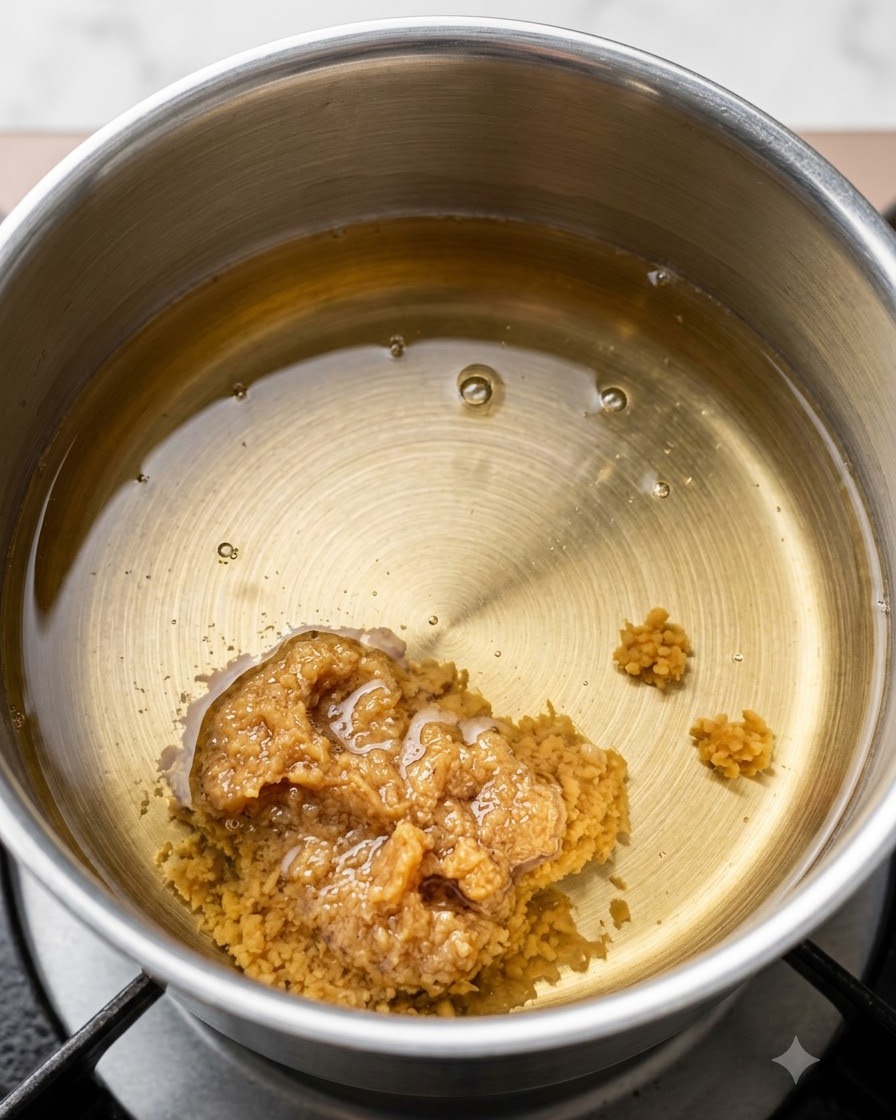 De la pâte de miso prélevée à la cuillère et placée dans le bouillon clair à lintérieur dune casserole en métal.