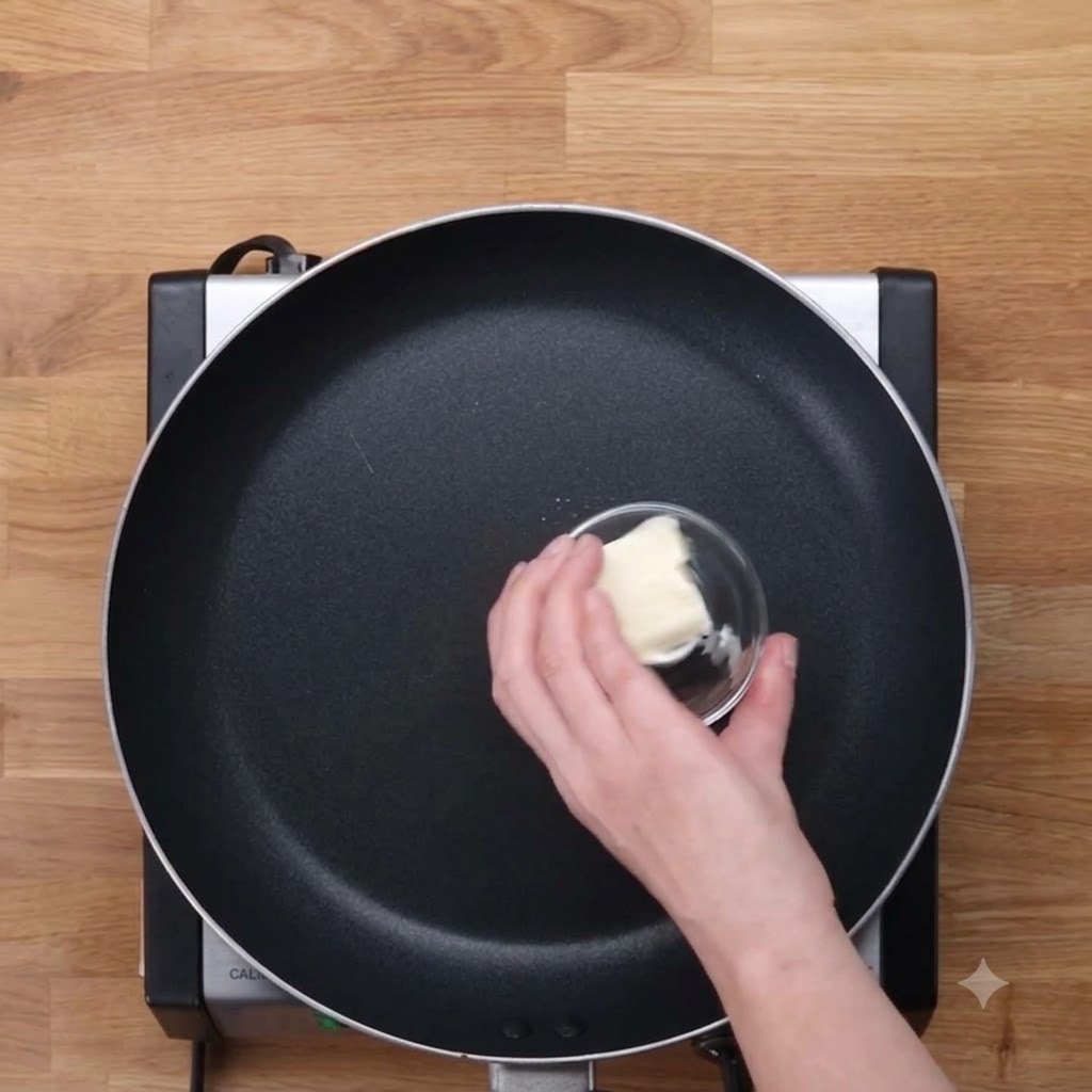 Une noix de beurre fondant dans une poêle noire poussée par une spatule en bois.