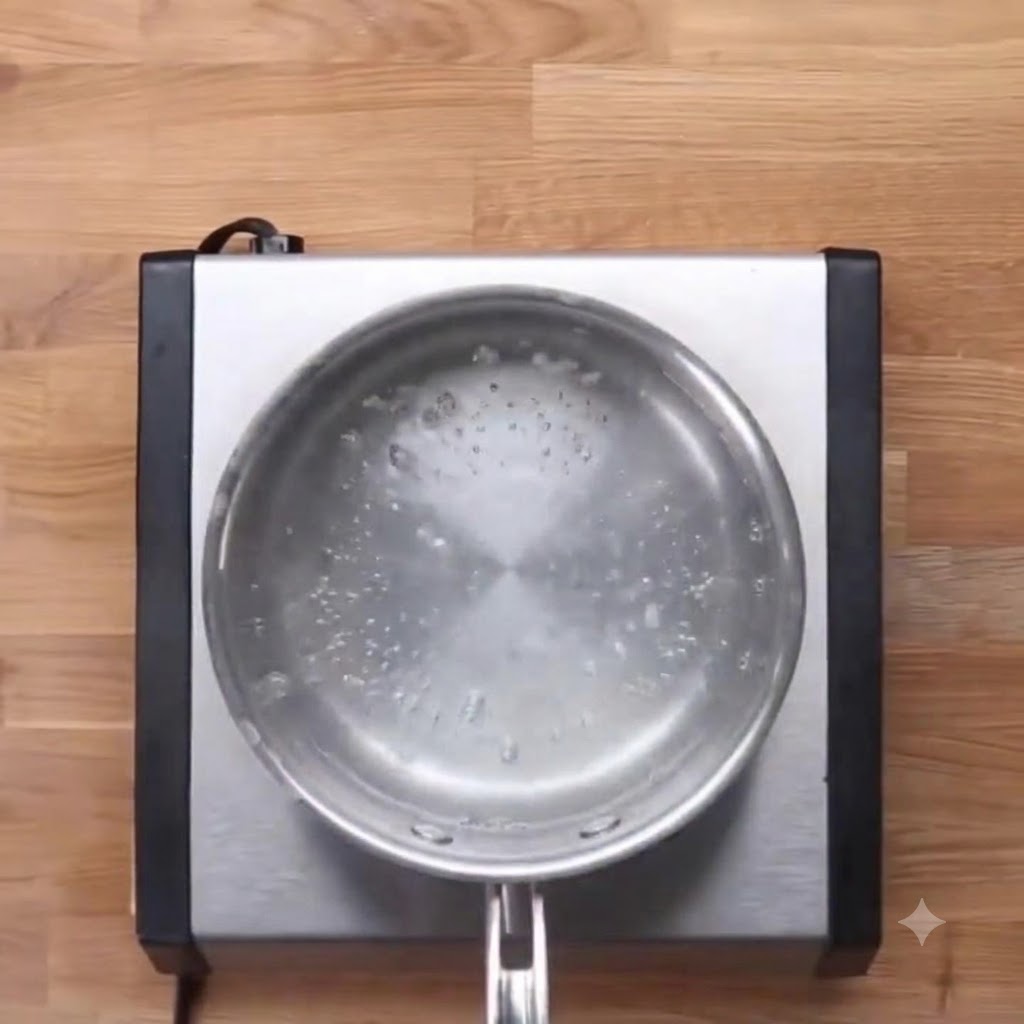 Une casserole deau bouillante avec un œuf submergé à lintérieur.